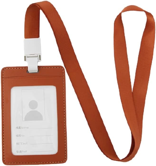 Faux Leather Vertical Brown ID Card Badge Holder Back 1 Card Slot with Neck Lanyard TPTK95798