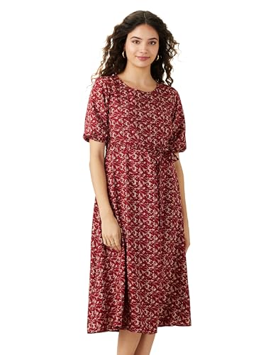 Image of Amazon Brand - Symbol Women Rayon Fit and Flare One Piece Midi Length Dress (with Self Fabric Belt) (Available in Plus Sizes)