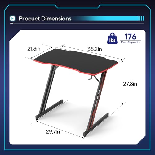 Image of BestOffice Gaming Desk 35 in PC Computer Desk Z Shaped Gaming Workstation Ergonomic Gaming Table with Headphone Hook for Home Office,Black&Red | PC Computer Workstation, Ergonomic Gaming Table, Headphone Hook, For Home Office