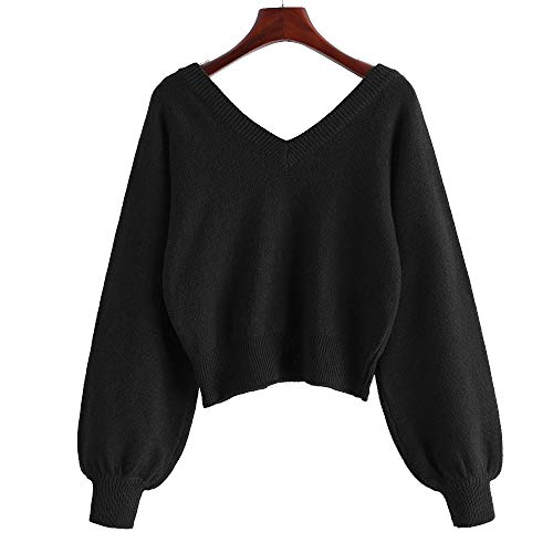 Image of ZAFUL Women's Cropped Sweater V-Neck Long Sleeve Pullover Jumper Knit Top | Crop Length, Ribbed Knit, Double V design, White sweater, Raglan sleeves, lantern sleeve, Fall & Winter, Loose fit, Oversized