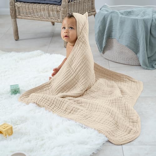 Image of Comfy Cubs 2 Pack Baby Hooded 9 Layer Muslin Cotton Towel for Kids, Large 32” x 32”, Ultra Soft, Warm, and Absorbent. Baby Essentials Bath Towels, Cute Unisex Cover for Girls and Boys (2 Pack, Sand)