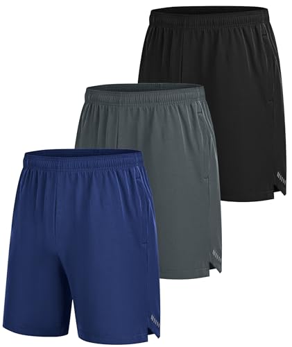 RBYEKP Mens Sport Gym Shorts Breathable Running Fitness Athletic Shorts Men Zipper Dry Fit Tennis Training Activwear 3 Pack L Black Blue Grey