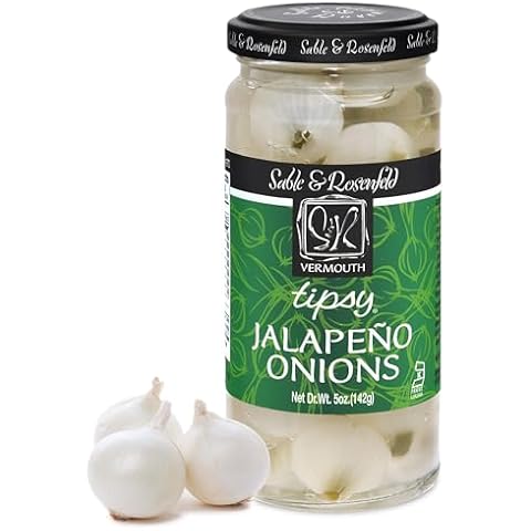 Sable & Rosenfeld Tipsy Onions - Stuffed Jalapeno Cocktail Onions in Jar with French Vermouth - Pickled Silverskin Onions, Pearl Onions for Cocktails, Appetizers, and Hors d'Oeuvre - 5 Oz (Pack 1) Cover
