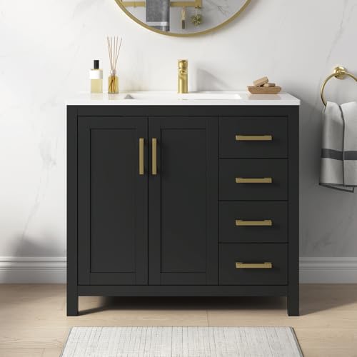 DELUXE LIVING 36 Inch Bathroom Vanity with Sink, Black Single Sink Bathroom Vanity with Adjustable Feet, Modern Bathroom Sink Cabinet with Soft-Closing Doors & Drawers, Integral Top