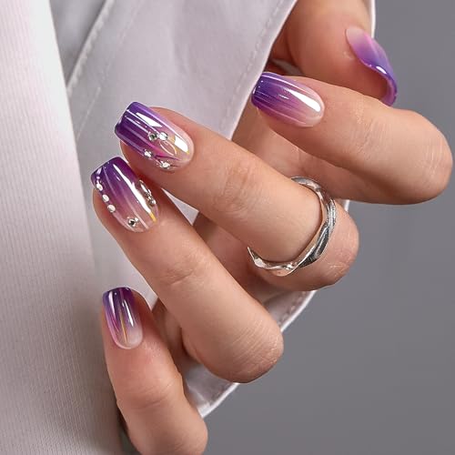 CurvLife Medium Square Chrome Press On Nails, Violet Lines Purple, Soft Gel