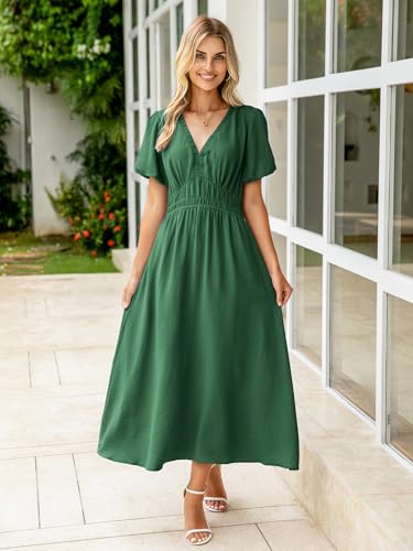Image of Simplee Women's Summer Flowy Midi Dress Casual V Neck Short Sleeve Empire Waist Boho Beach Dress Wedding Guest Maxi Dress