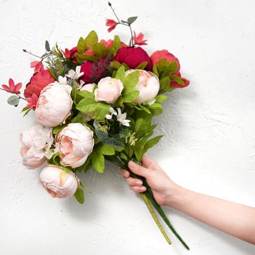 Image of FiveSeasonStuff Burnt Pink and Dusty Pink Vintage Artificial Peonies Silk Flowers and Hydrangeas for Wedding Bridal Home Decor - Beautiful Floral Centerpiece Bouquet (Fireside Romance)