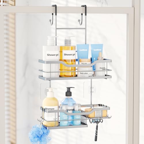Consumest Over Door Shower Caddy - 2 Tier Shower Shelves Hanging with Soap Holders, Large Capacity Shower Organizer with 4 Hooks, Bathroom Rack and Storage, Silver by Consumest - Used condition - US$20.29