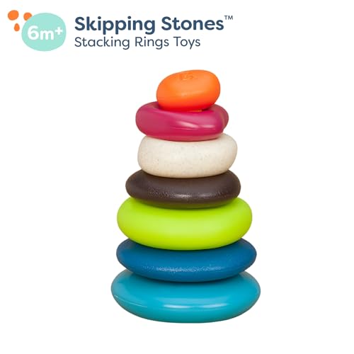 Image of B. toys Skipping Stones, Textured Baby Ring Stacker | 7-piece baby sort-and-stack toy with 5 textured rings, base, and topper for sensory play and early development, 6+ Months
