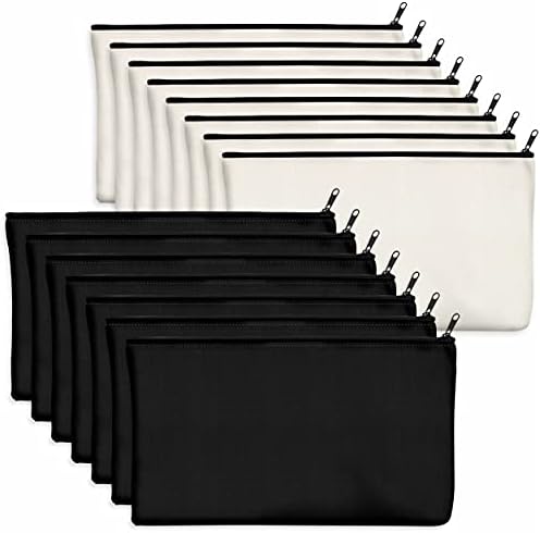 15 Pack Blank Cotton Canvas DIY Craft Zipper Bags Pouches Pencil Case for Makeup Cosmetic Toiletry Stationary Storage (Beige & Black 8.3” x 4.7”)