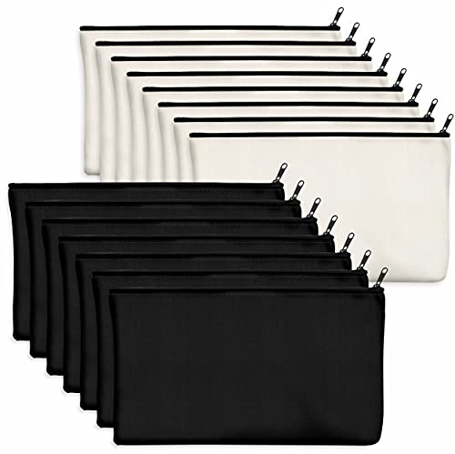 15 Pack Blank Cotton Canvas DIY Craft Zipper Bags Pouches Pencil Case for Makeup Cosmetic Toiletry Stationary Storage (Beige &Black 8.3â€ x 4.7â€)