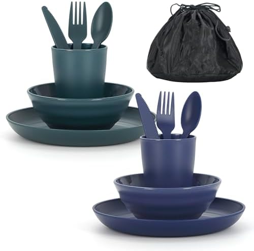 ReaNea Camping Mess Kit for 2 with Bowl, Plate, Cup, Spoon, Fork, Knife and Carry Bag, Plastic Camping Accessories Essentials Gear for Couple Travel, Picnic, Outdoor, Easy to Carry
