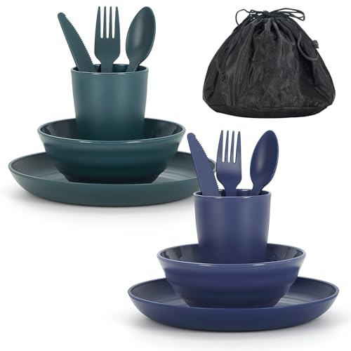 ReaNea Camping Geschirr-Set für 2 mit Teller, Schüssel, Becher &...