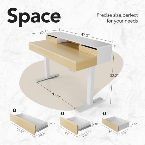 Image of HUANUO Standing Desk with Drawers, 48 Inches Electric Height Adjustable Desk with Storage, Whole-Piece Board Sit Stand Up Desk with Monitor Shelf, Light Walnut