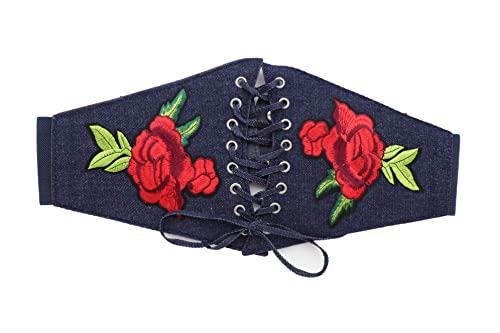 Women Fashion Wide Corset Stretch Belt High Waist Dark Blue Navy Denim Flowers S M