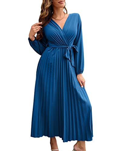 Wellwits Vestido largo plisado de manga larga para mujer, azul, M Cover