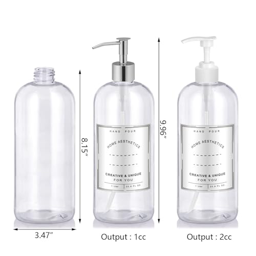 Refillable 32oz Dispenser Plastic Bottle 2pack with Steel Pumps, 1 Liter Crystal Clear Multi-Use Empty Container with Funnel for Shampoo, Conditioner, Body Wash, Liquid Hand Soap, Lotion