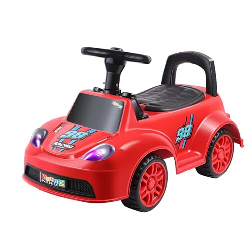 Image of Baby Kids Ride On Red Car for Toddlers with Steering Wheel & Backrest | Foot to Floor Baby Push Car | Indoor Outdoor | Strong Wheels & Comfortable Seat | Racing Design for Boys & Girls (1-3 Years)