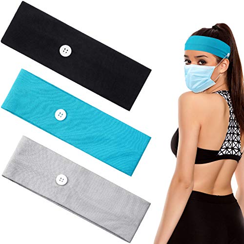 3 Pieces Button Headband Ear Protection Holder Yoga Hairband Headwrap for Face Cover, Multifunctional Hair Band for Nurse Doctor (Black, Lake Blue, Light Gray)
