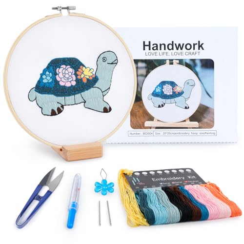 Image of Embroidery Kit for Adult Beginners, Turtle & Flower Embroidery Kit with Step-by-Step Instructions and Video,Printed Cloth,7.87 inch Hoop, Display Stand,Color Threads and Tools for Craft Lover(BED004)