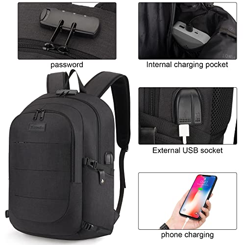 Tzowla Laptop Rucksack Herren und Damen, Reiserucksack Wasserdicht Anti-Diebstahl mit USB-Ladeanschluss und Schloss fur 15,6 Zoll Notebook,Schmaler Business Arbeits Uni Lässiger Tagesrucksack-Schwarz