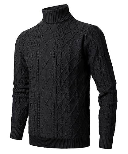 Image of Herothorn Men's Turtneck Cable Knit Pullover Sweaters Long Sleeve Basic Tops Slim Fit Knitted Solid Color Twisted Warm Sweaters Black