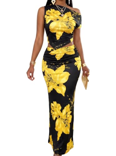 Image of BARASA Two Piece Sets For Women Summer Vacation Sexy Bodycon Outfits DS75 | Elegant Asymmetrical One Shoulder Crop Top And Ruched High Waist Long Maxi Skirt Set For Women Summer Vacation