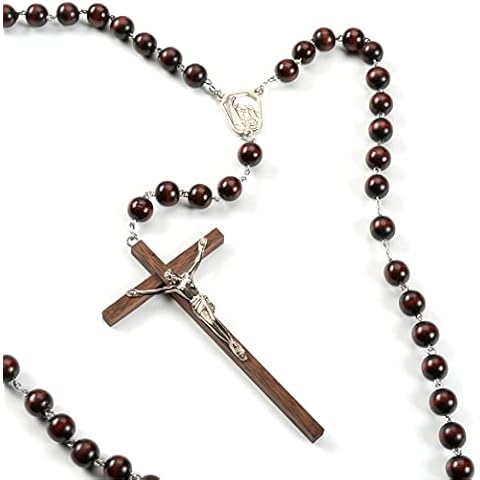 Olive Wood Cross Pendant Necklace Religious Crucifix Beads Rope - Handmade in Fatima Cover