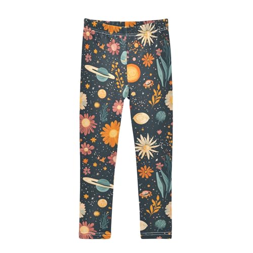 Starry Sky Moon Flower Girls Leggings Ultra Soft Compression Yoga Gym Pants for Kids 4-10T
