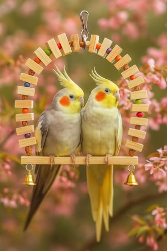 Image of Raindrops Wooden Swing with Colourful Beads for Bird Cages|Birds Stress Free Items|Cage Accessories|Wooden Ladder|Swing with Dotted Perch|Birds Chew Toy|Training aid Toy (Height 23.5cm-Pack of 1)