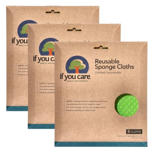 Image of If You Care Sponge Cloths - 5 Count - 100% Natural Cleaning Rags for Kitchen, Bathroom, Home Countertop Surfaces - Absorbent, Reusable, Machine Washable, Compostable (Pack of 3)