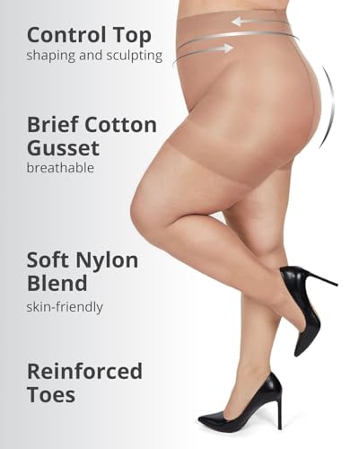 Image of MeMoi Plus Size Curvy Control Top Pantyhose for Women, Comfortable Silky Sheer Pantyhose, Lightweight Womens Stockings