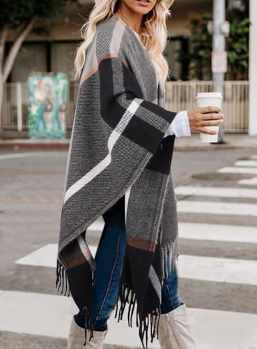 Image of Bestshe Women's Boho Open Front Poncho Plaid Shawl Wrap Cape | Tassel Cardigan Sweater, Cozy Layering, Fall Winter Clothes for Women