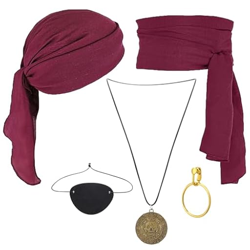 LUYIEDHA Accesorios de Disfraz de Capitán Pirata, 5 Piezas Disfraz Pirata, Pañuelo Parche Ojo Faja Pendientes Collares para Halloween, Carnaval, Cosplay (Rojo A) | Ya disponible en tu tienda friki favorita! En mundofriki.es!