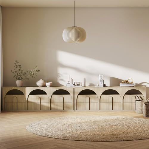 BELLEZE 70" TV Stand for TVs up to 75", Set of 2 Modern Arched Media Console Entertainment Center with 6 Drawers & Shelf Storage, Sand Sand 2