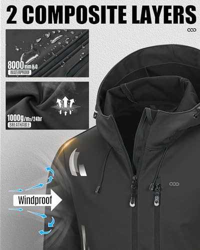 Image of 33,000ft Men's Softshell Jacket with Hood Waterproof Windbreaker Lightweight Rain Shell Jacket for Outdoor Hiking Travel