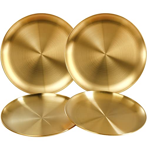 Topzea 4 Pack Stainless Steel Dinner Plates, 9 Inch Gold Metal Salad Plates Reusable Kitchen Dinnerware Dessert Display Food Serving Plate Appetizer Dishes Platter For Restaurant, Camping #TOP20