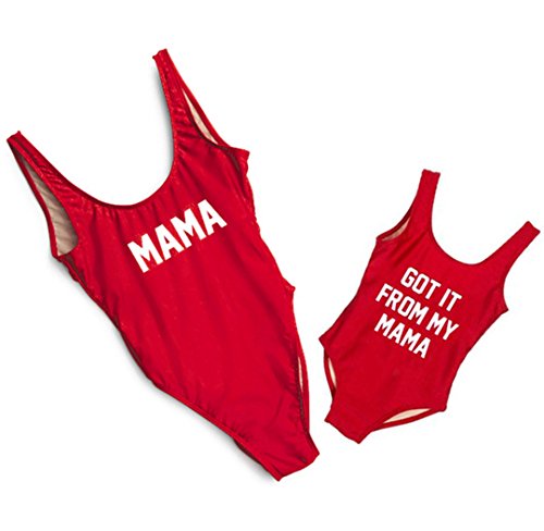 Mother Girl Swimwear Mommy and Me Matching One Piece Beach Wear Family Letters Print Sporty Monokini (Red (Daughter),Kid-2-3 T (S))