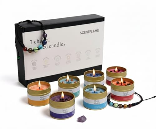 7 Chakren Duftkerzen Set Handgemacht mit echten Kristallen & Chakra-Armband luxuriöses Aromatherapie Geschenkset für Frauen Meditation Yoga & Entspannung Perfekte Selfcare Geschenkidee