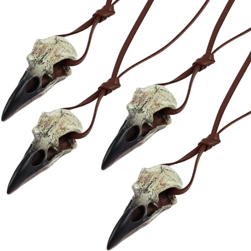 Geetery 4 Pcs Halloween Raven Skull Bone Necklace 2.36 Inch Gothic Leather Necklace Halloween Crow for Women Men Resin Bone Hanging Decoration Gift