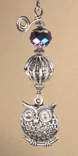Image of Antiqued Pewter Silvery Metal Owl and Lampwork Glass Fan Pull Chain /Light Pull