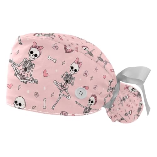 Image of 2 PCS Bouffant Cap with Button Ponytail Pouch Working Cap Sweatband Adjustable Surgical Cap Black and White Cow