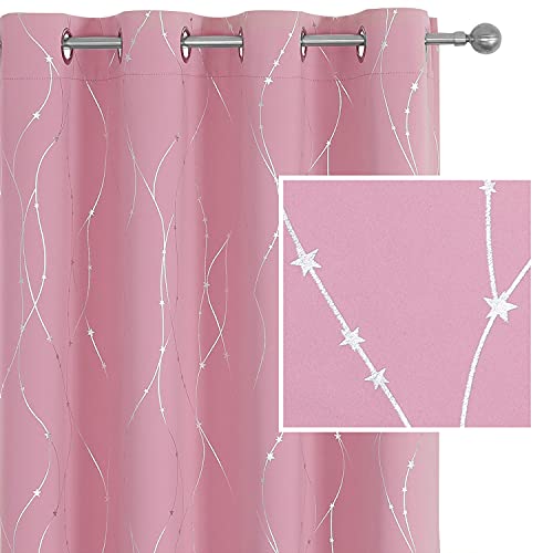 SMILE WEAVER Cortinas opacas rosas para sala de estar, 2 paneles, oscurecimiento de habitación, diseño impreso plateado, suave, grueso, aislamiento térmico, ojales