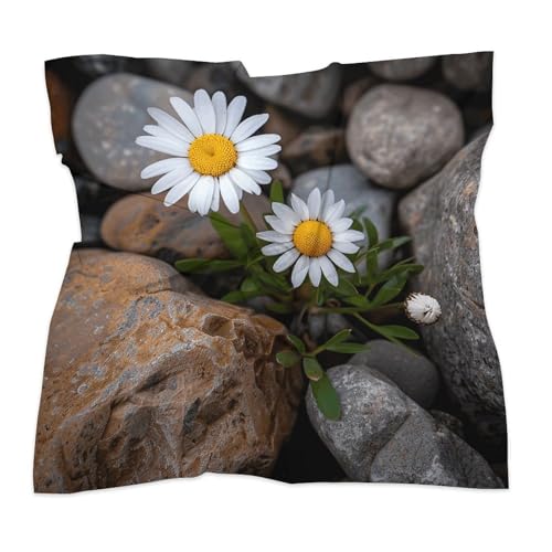 Silk Like Head Scarf for Women Square Breathable Neck Scarf Daisies And Rocks Satin Bandanas Fashion Silk Feeling Scarfs Boho Headwear Sleeping Hair Scarfs 18"×18"3