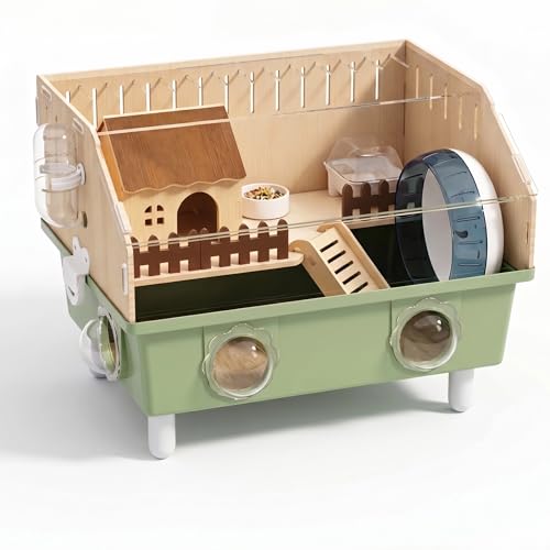 NANABIMIC Small Animal Houses & Habitats, Hamster Cage for Dwarf Mouse, Complete Acrylic Small Animal Starter Kit with Accessories, Easy Clean Transparent Pet Cage for Hamsters Gerbils (Green)