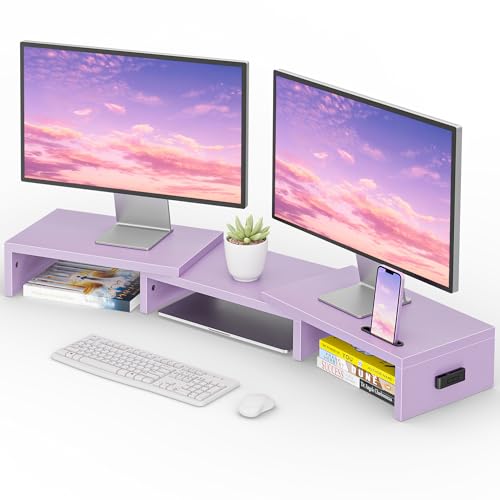 BONTEC Dual Monitor Stand Riser with Smartphone Holder, Adjustable Length & Swivel Angle, Ergonomic Wooden Desktop Organizer for PC Monitor, Laptop, Printer, Large Storage, Purple