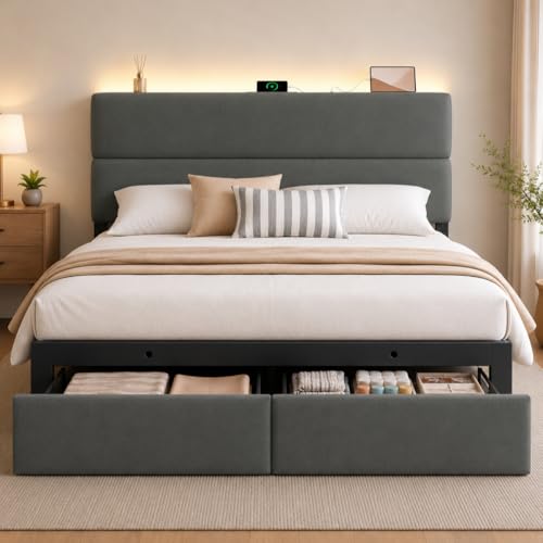 Image of Queen Bed Frame with 2 Storage Drawers, Grey Velvet Upholstered | Platform Bed with Charging Ledge, LED Headboard Lighting, Metal Support, Noise Free, No Box Spring Needed, Easy Assembly