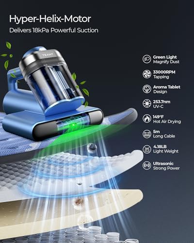 Image of Teant Bed Mattress Vacuum, 18 kPa & Green Light Dust Detection, MV-Grey | 2-Speed Bed Vacuum Cleaner with 253.7nm UV-C & Ultrasonic, LED Display, 149℉ Heat, HEPA, Aroma & Anion for Bed Sofa Pet Hair