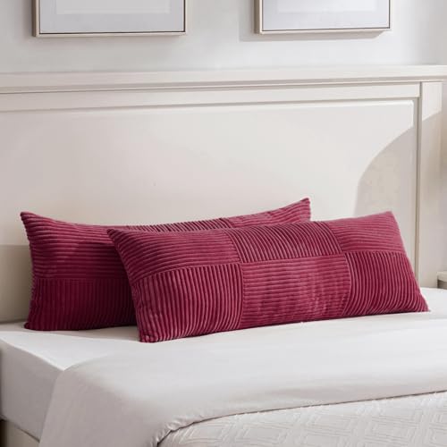 Image of Fancy Homi Set of 2 Burgundy Boho Long Lumbar Body Decorative Throw Pillow Cover 14x36 Inch for Bed Couch Bedroom Bench, Soft Patchwork Corduroy Textured Pillow Case, Rustic Farmhouse Room Decor