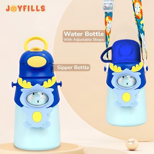 Image of JOYFIILS 2 in 1 Kids Sipper Cum Water Bottle with Cup - Stainless Steel Sipper Water Bottle for School, Play & Travel - Leak-Proof, BPA-Free- Sipper for Girls, Boys, Toddlers - 500 ML - Blue Deer